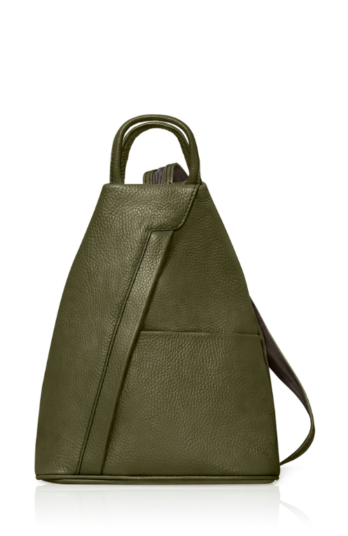 Olive Green Convertible Leather Backpack - Wendy STUDIO TEW