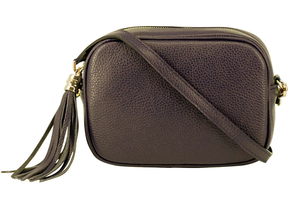 Dark Chocolate Leather Crossbody Bag With Tassel - Darcy STUDIO TEW