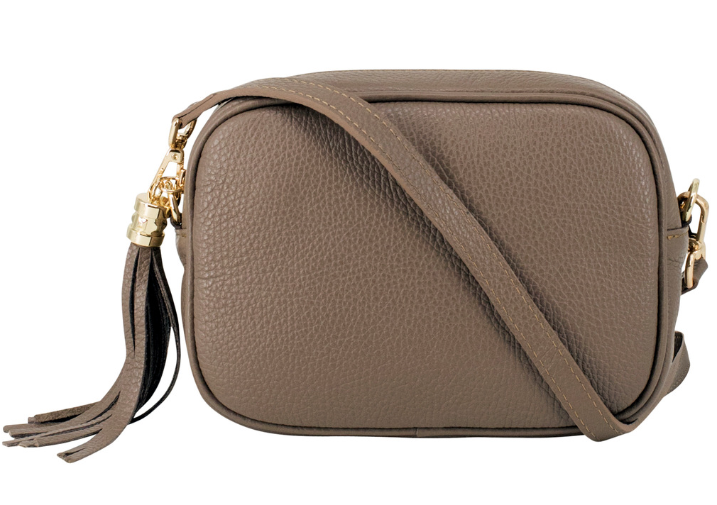 Dark Taupe Leather Crossbody Bag With Tassel - Darcy STUDIO TEW