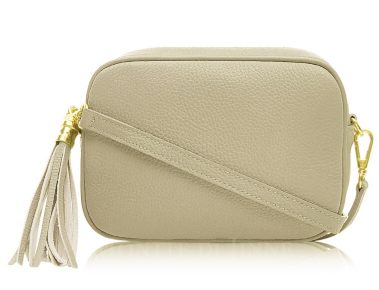 Light Taupe Leather Crossbody Bag With Tassel - Darcy STUDIO TEW