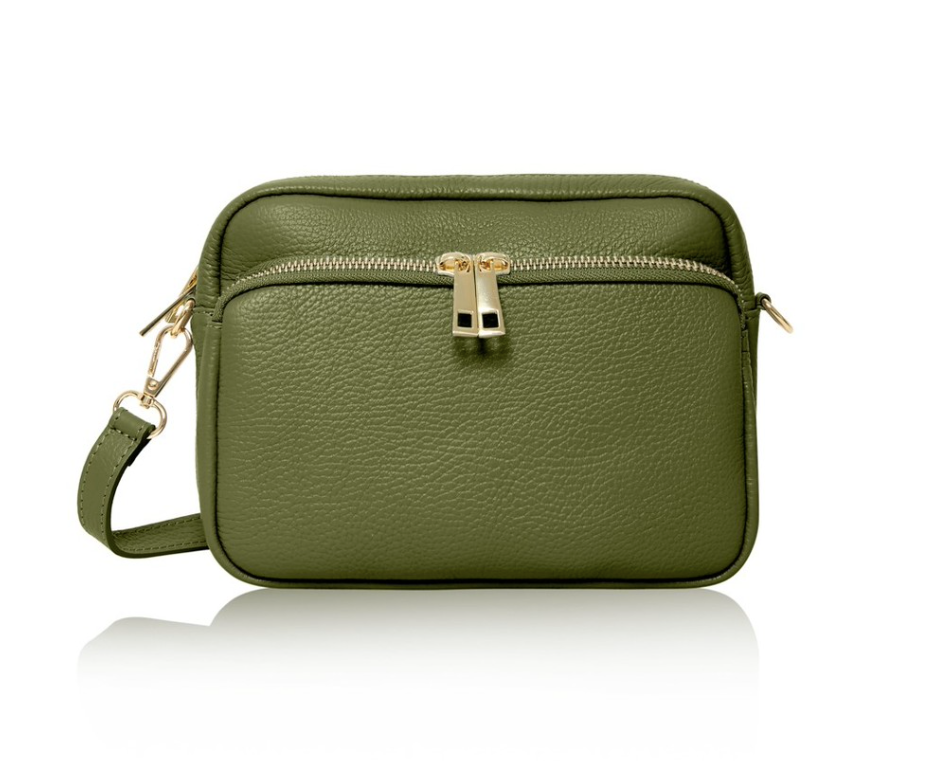 Olive Green Leather Bag With Large Front Pocket - Robin STUDIO TEW