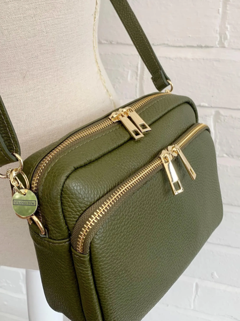Olive Green Leather Bag With Large Front Pocket - Robin STUDIO TEW