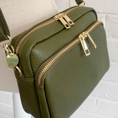 Olive Green Leather Bag With Large Front Pocket - Robin STUDIO TEW