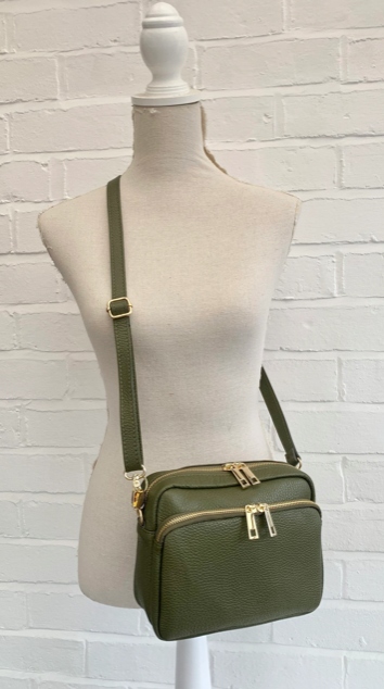 Olive Green Leather Bag With Large Front Pocket - Robin STUDIO TEW