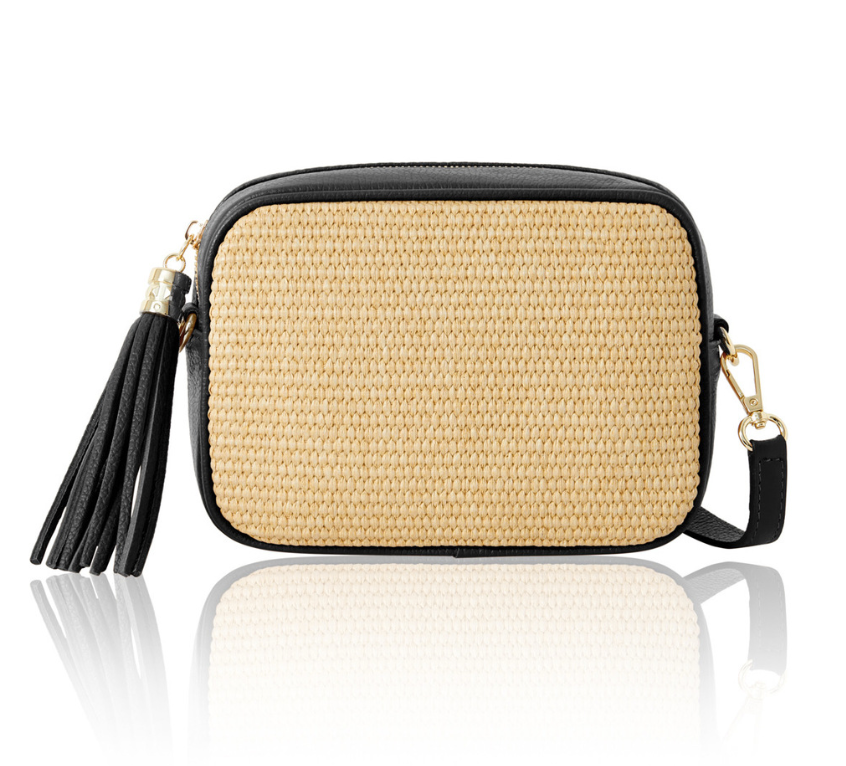Black Leather & Raffia Bag - Saskia