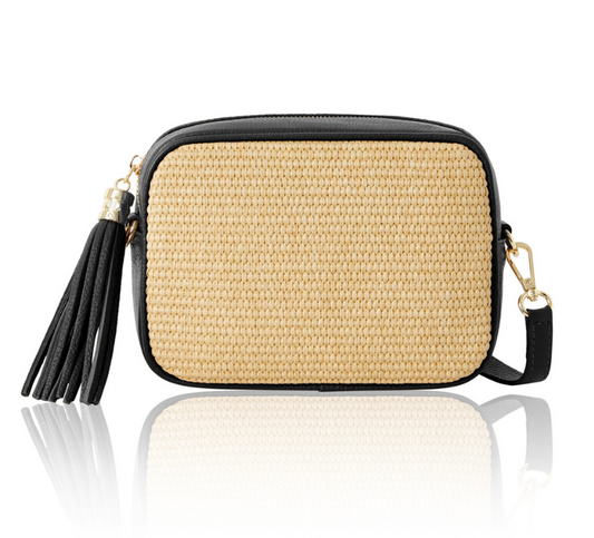 Black Leather & Raffia Bag - Saskia