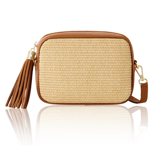 Dark Tan Leather & Raffia Bag - Saskia