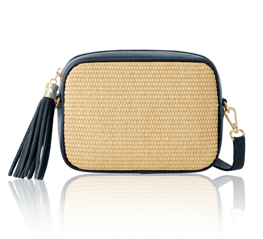 Navy Leather & Raffia Bag - Saskia