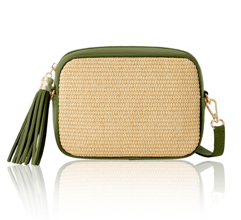 Olive Green Leather & Raffia Bag - Saskia