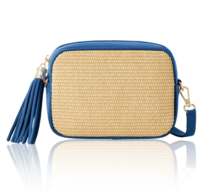 Royal Blue Leather & Raffia Bag - Saskia