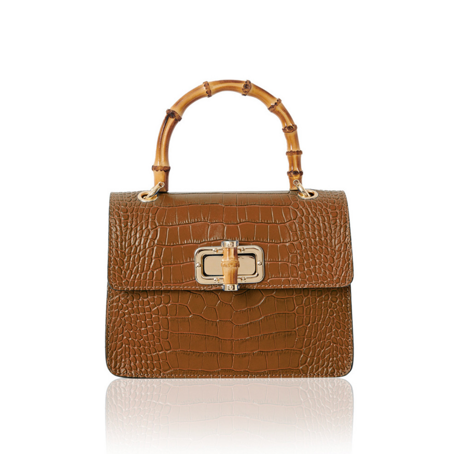 Tan Leather Crocodile Print Bag With Twist Lock - Genevieve