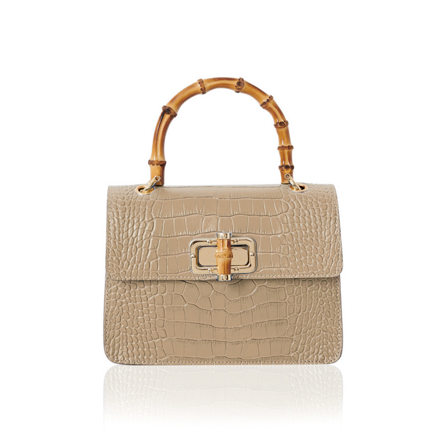 Taupe Leather Crocodile Print Bag With Twist Lock - Genevieve