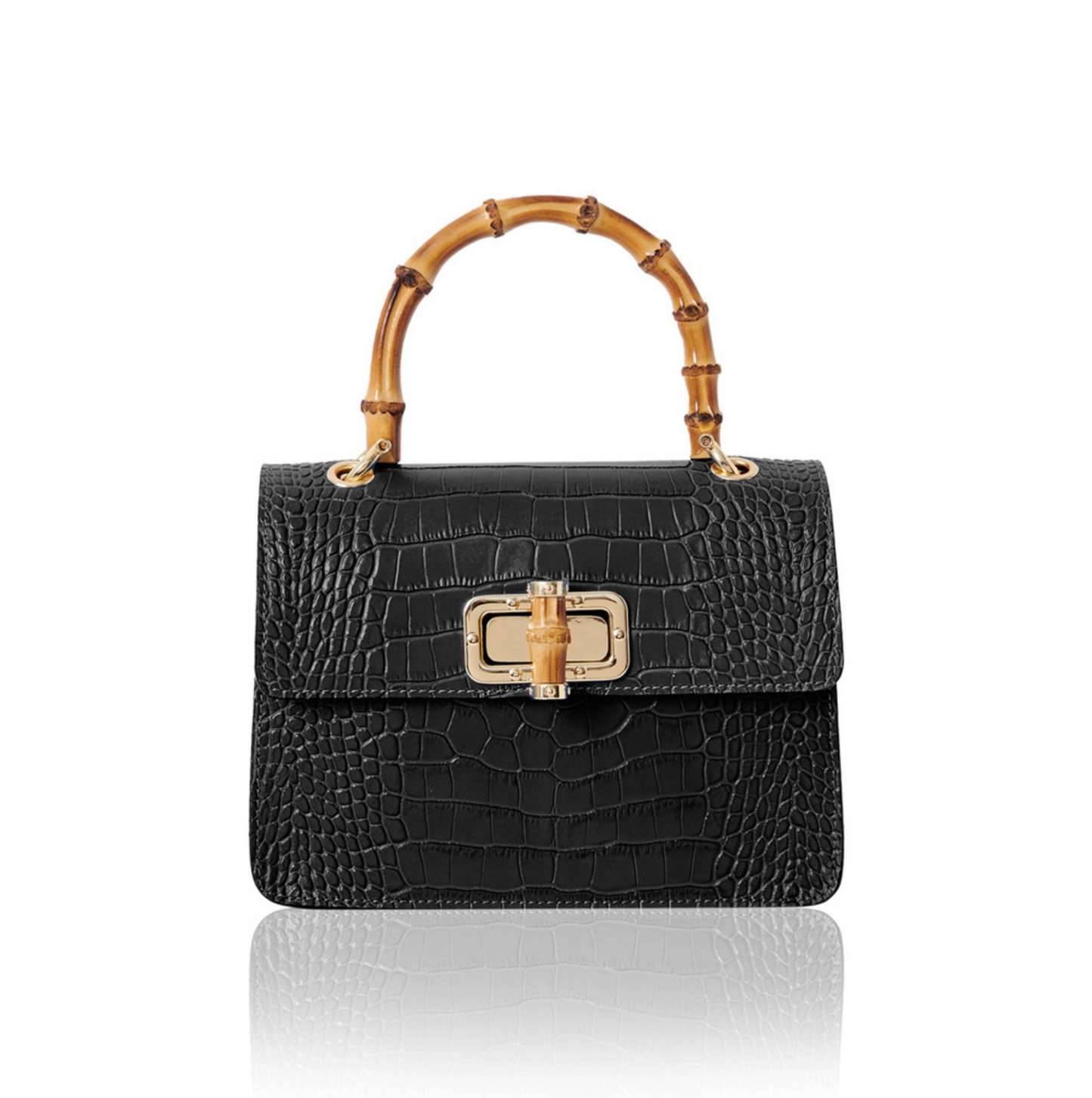Black Leather Crocodile Print Bag With Twist Lock - Genevieve
