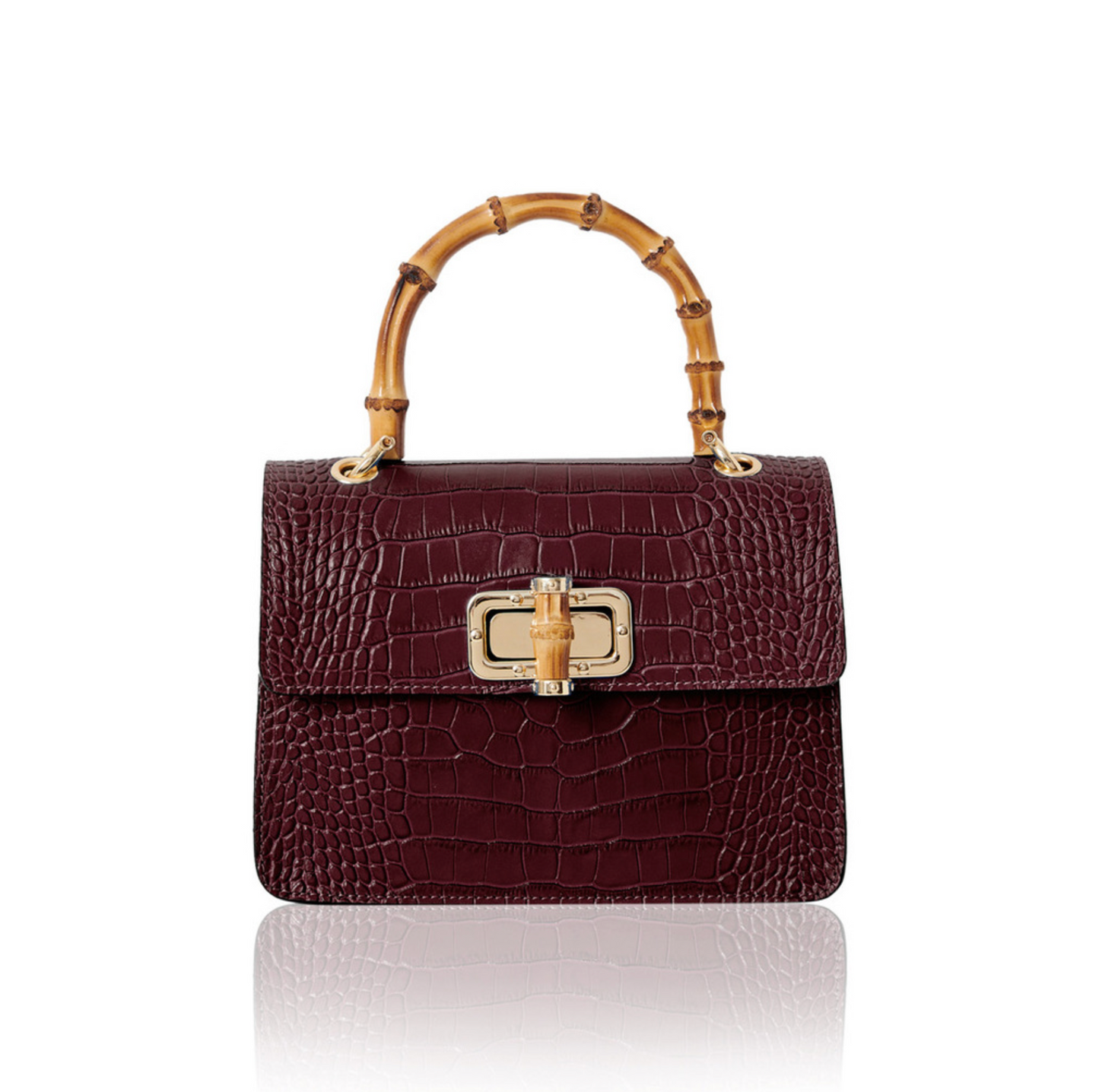 Burgundy Leather Crocodile Print Bag With Twist Lock - Genevieve
