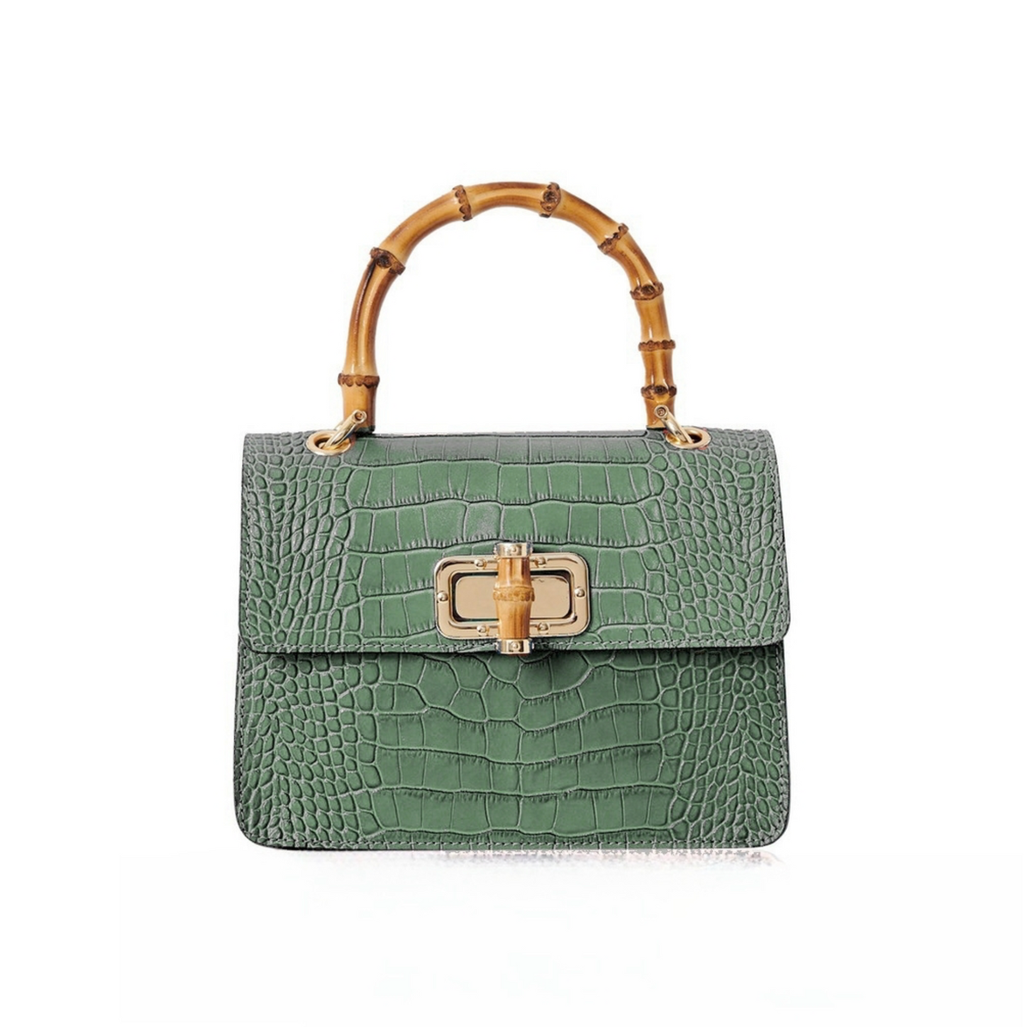 Pale Green Leather Crocodile Print Bag With Twist Lock - Genevieve