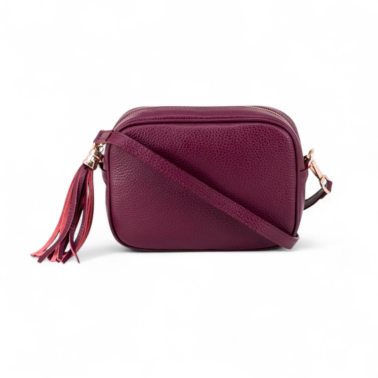 Sac Bandoulière En Cuir Rouge Prune Avec Pompon - Darcy