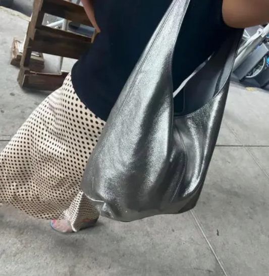 Metallic Leather Oversized Boho Shoulder Bag - Evalyn STUDIO TEW