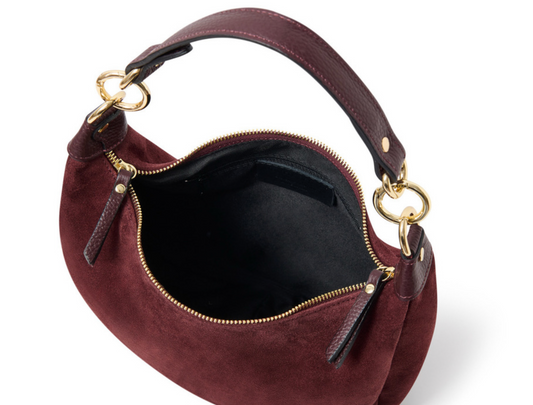 Burgundy Suede Crescent Shaped Hobo Bag - Valerie