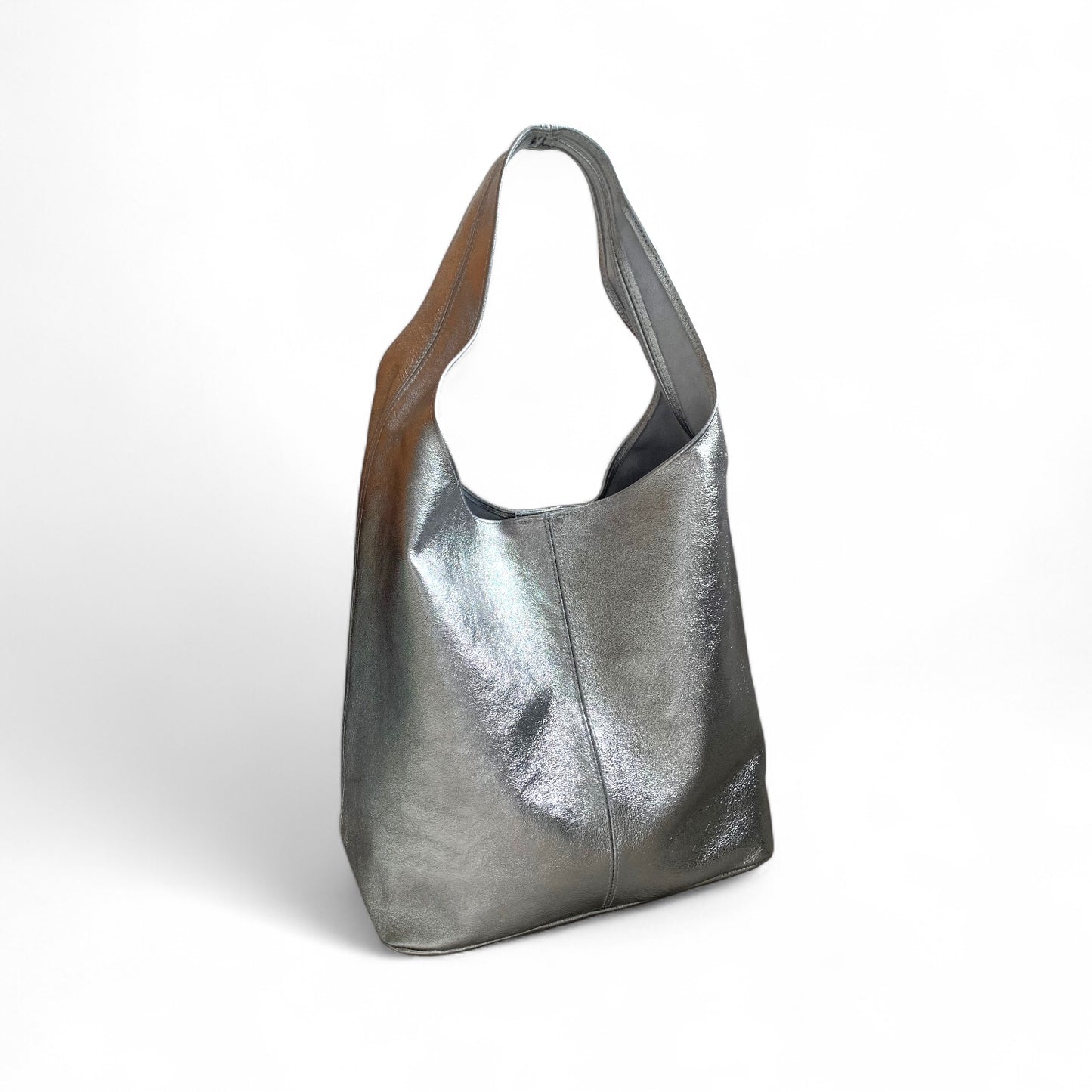 Dark Silver Leather Oversized Boho Shoulder Bag - Evalyn
