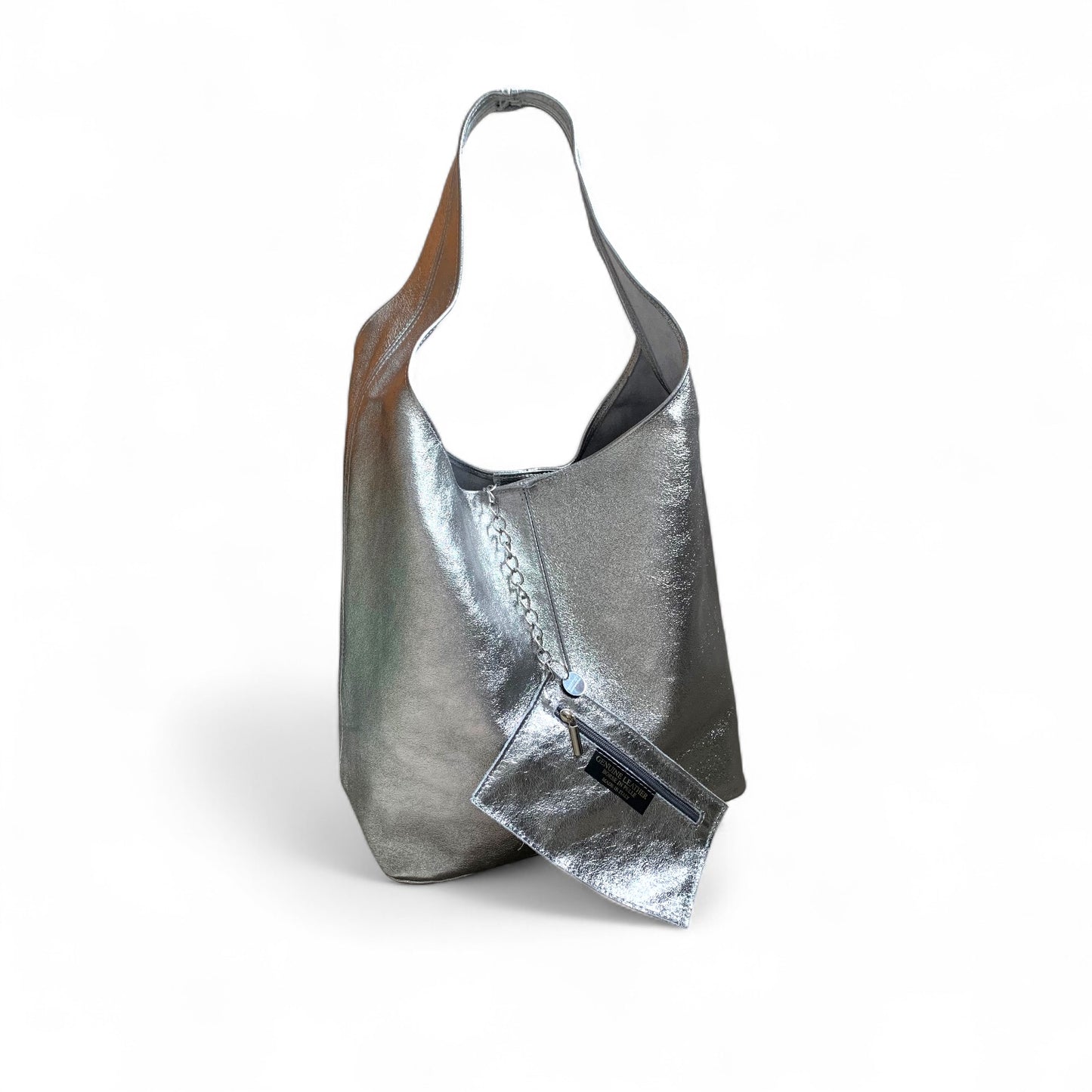 Dark Silver Leather Oversized Boho Shoulder Bag - Evalyn