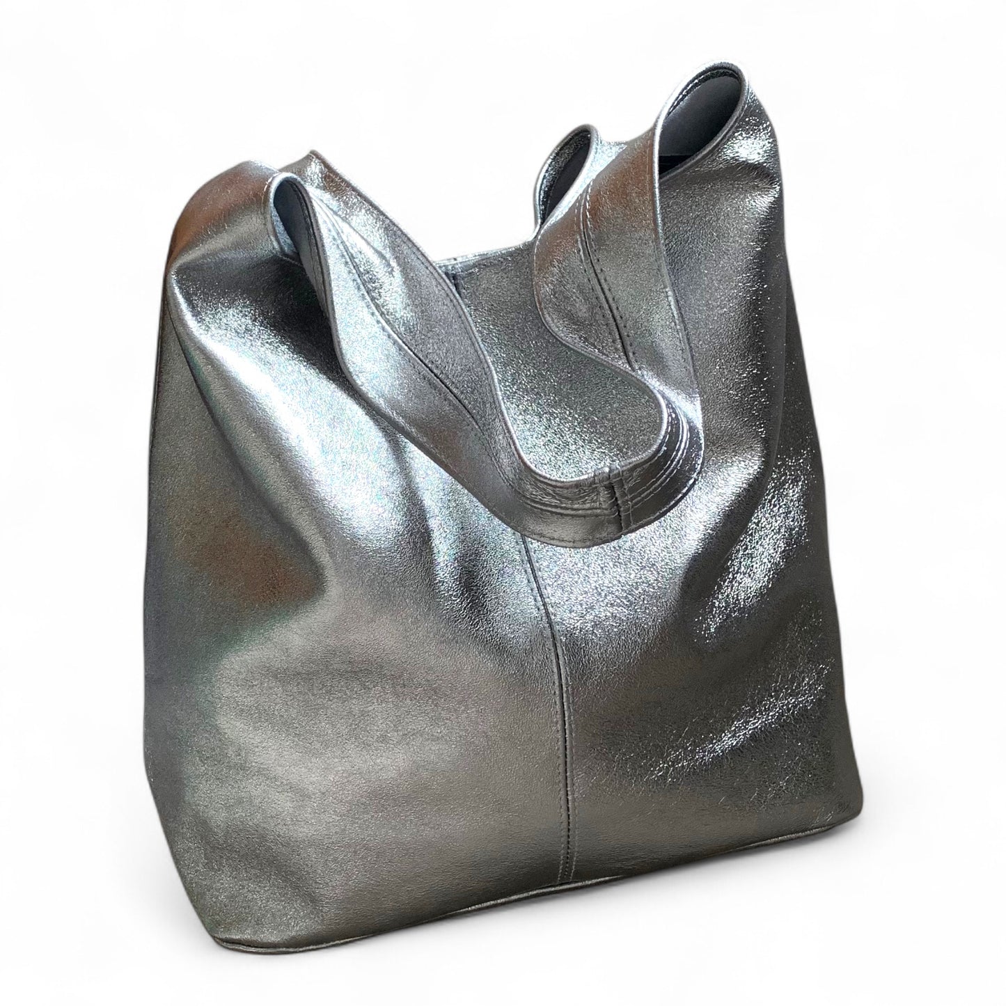 Dark Silver Leather Oversized Boho Shoulder Bag - Evalyn