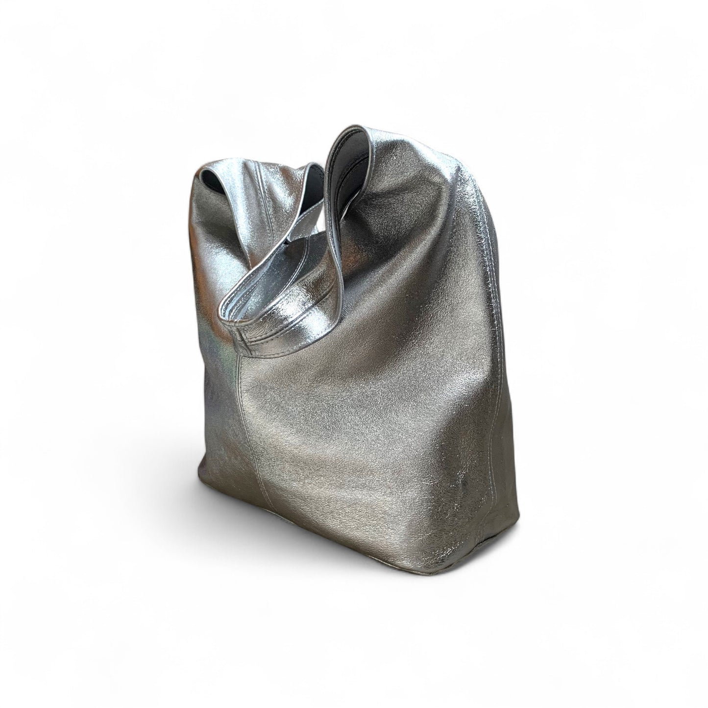 Dark Silver Leather Oversized Boho Shoulder Bag - Evalyn