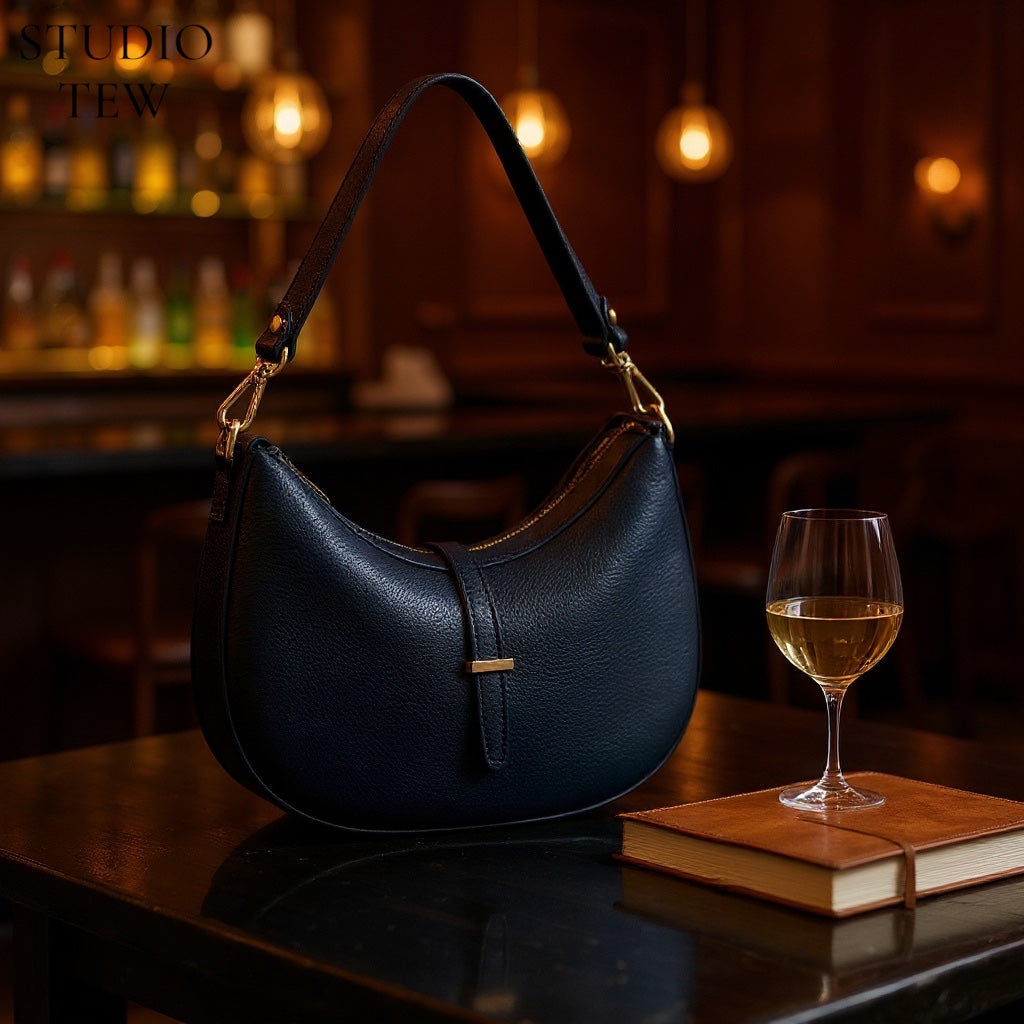 Navy Crescent Shaped Leather Bag - The Francie Bag STUDIO TEW