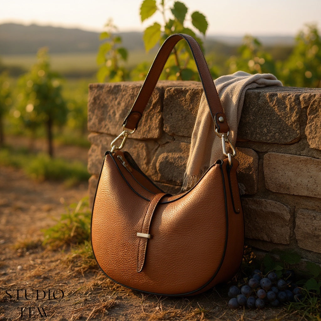 Tan Crescent Shaped Leather Bag - The Francie Bag