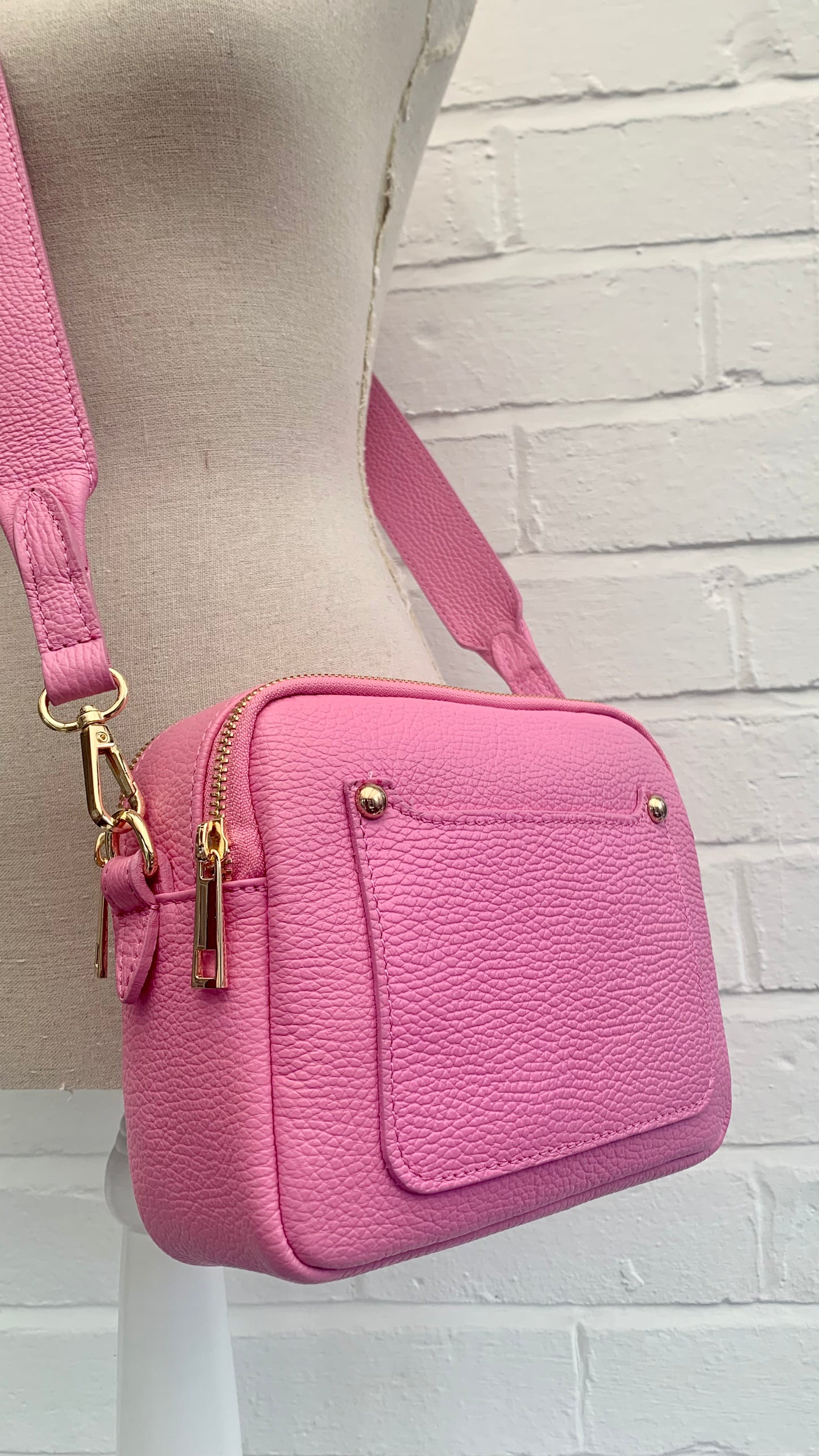 Bright Pink Leather Double Zip bag - Victoria STUDIO TEW