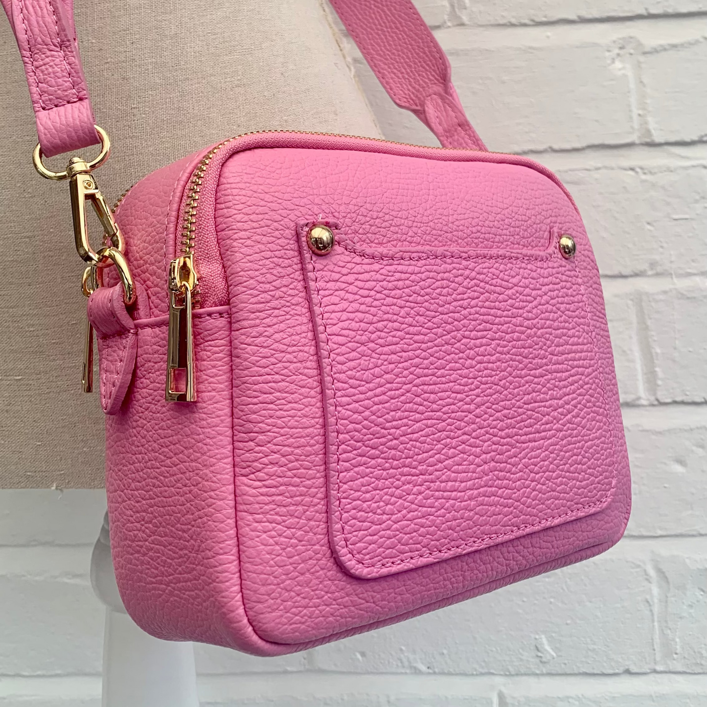 Bright Pink Leather Double Zip bag - Victoria STUDIO TEW