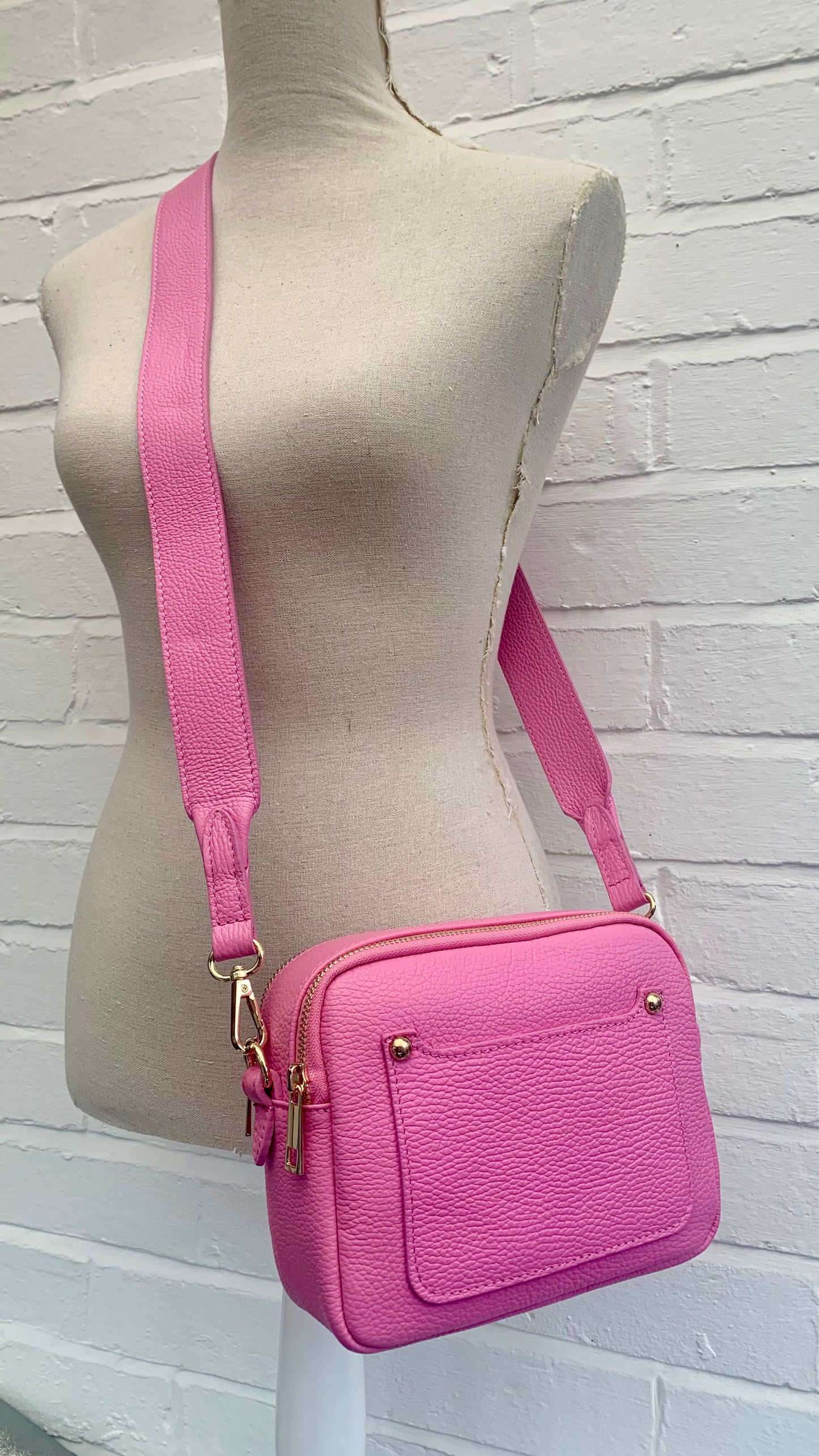 Bright Pink Leather Double Zip bag - Victoria STUDIO TEW
