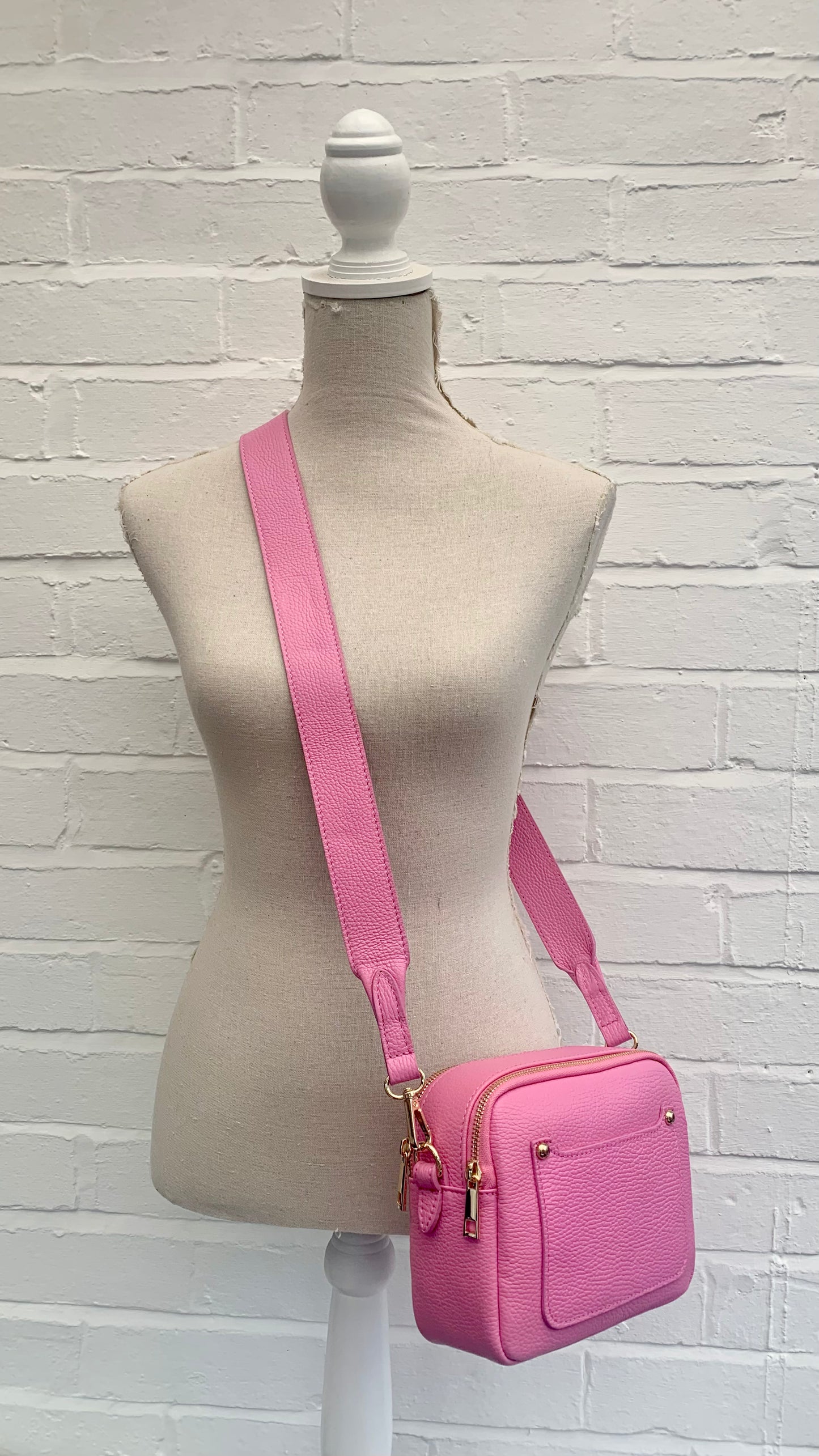 Bright Pink Leather Double Zip bag - Victoria STUDIO TEW