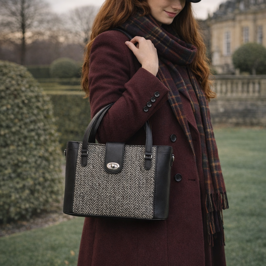 Tannery Tweed & Leather Mini Twist Lock Shopper Bag - Black - STUDIO TEW