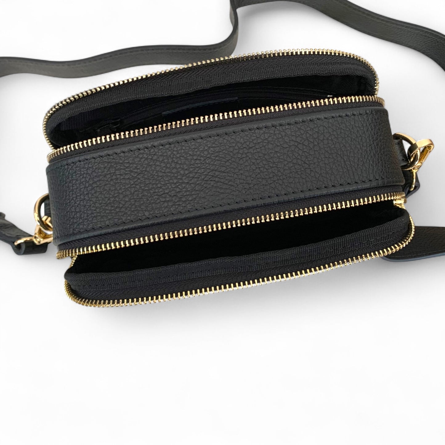 Black Leather Double Zip Bag - Victoria