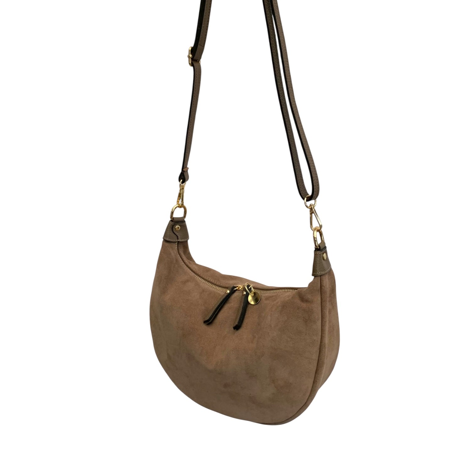 Taupe Suede Crescent Shaped Hobo Bag - Valerie