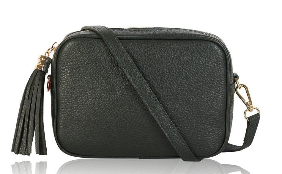 Dark Green Leather Crossbody Bag With Tassel - Darcy STUDIO TEW