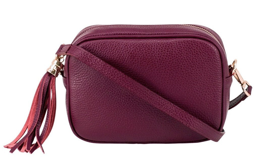 Red Plum Leather Crossbody Bag With Tassel - Darcy STUDIO TEW