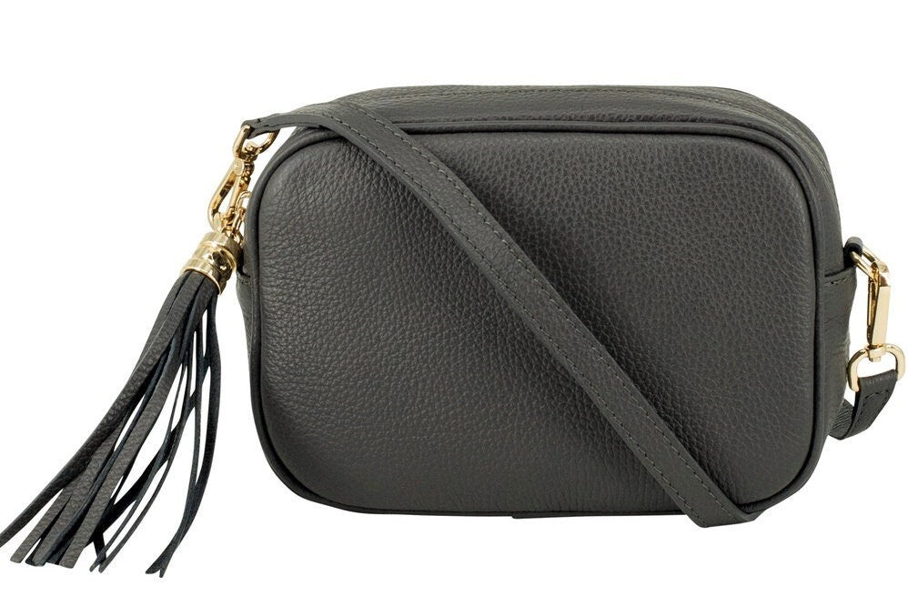 Dark Grey Leather Crossbody Bag With Tassel - Darcy STUDIO TEW