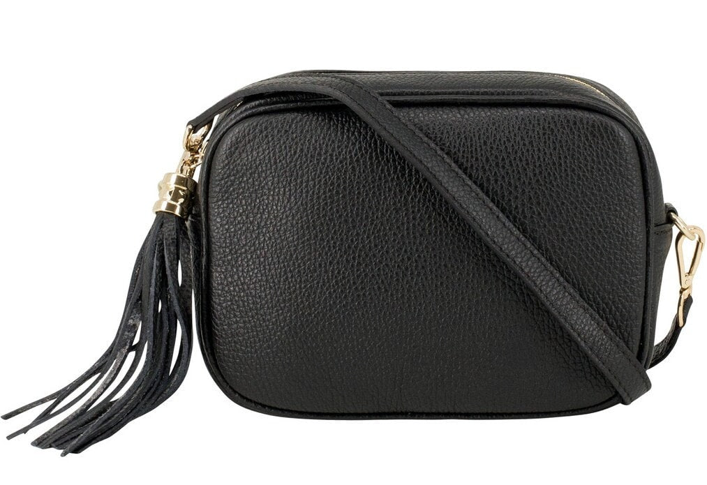 Black Leather Crossbody Bag With Tassel & Strap - Darcy STUDIO TEW