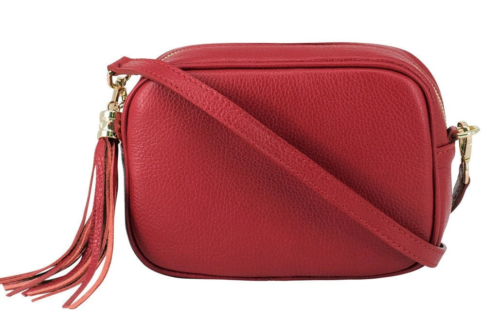Red Leather Crossbody Bag With Tassel & Strap - Darcy STUDIO TEW