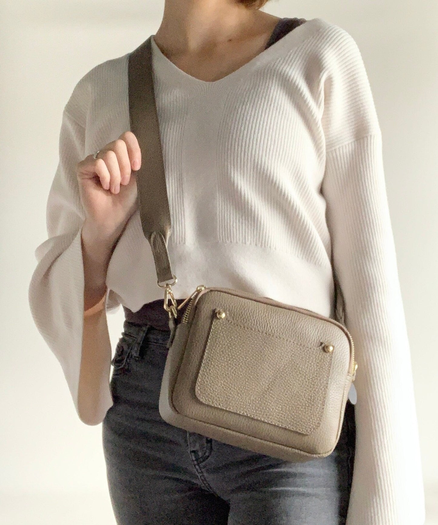 Taupe Leather Double Zip Bag - Victoria STUDIO TEW