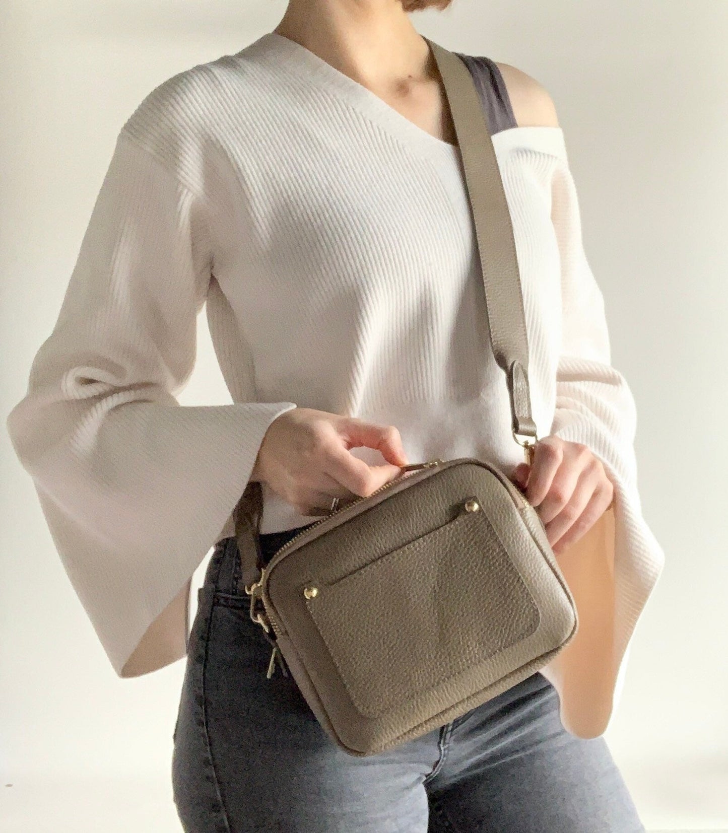 Taupe Leather Double Zip Bag - Victoria STUDIO TEW