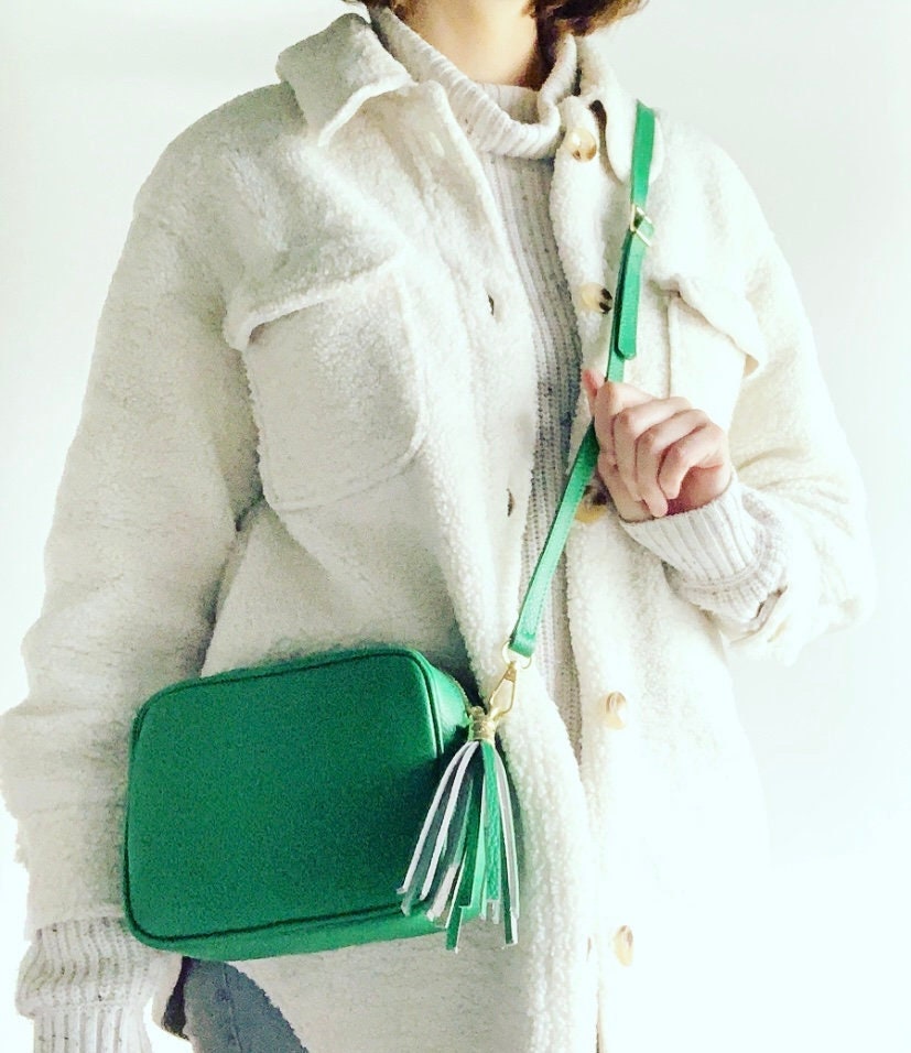 Green Leather Crossbody Bag With Tassel - Darcy STUDIO TEW