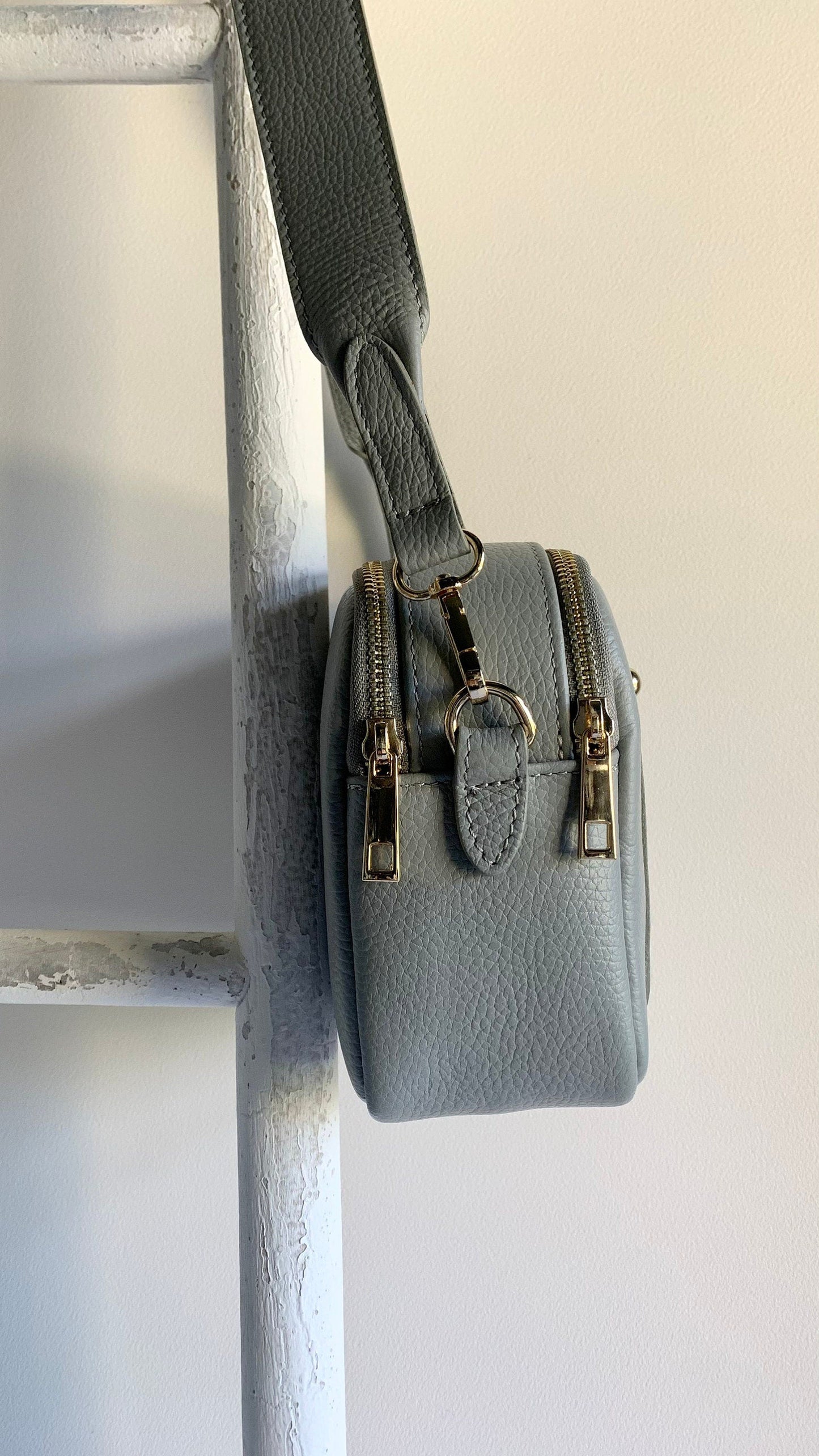 Light Grey Leather Double Zip Bag - Victoria STUDIO TEW