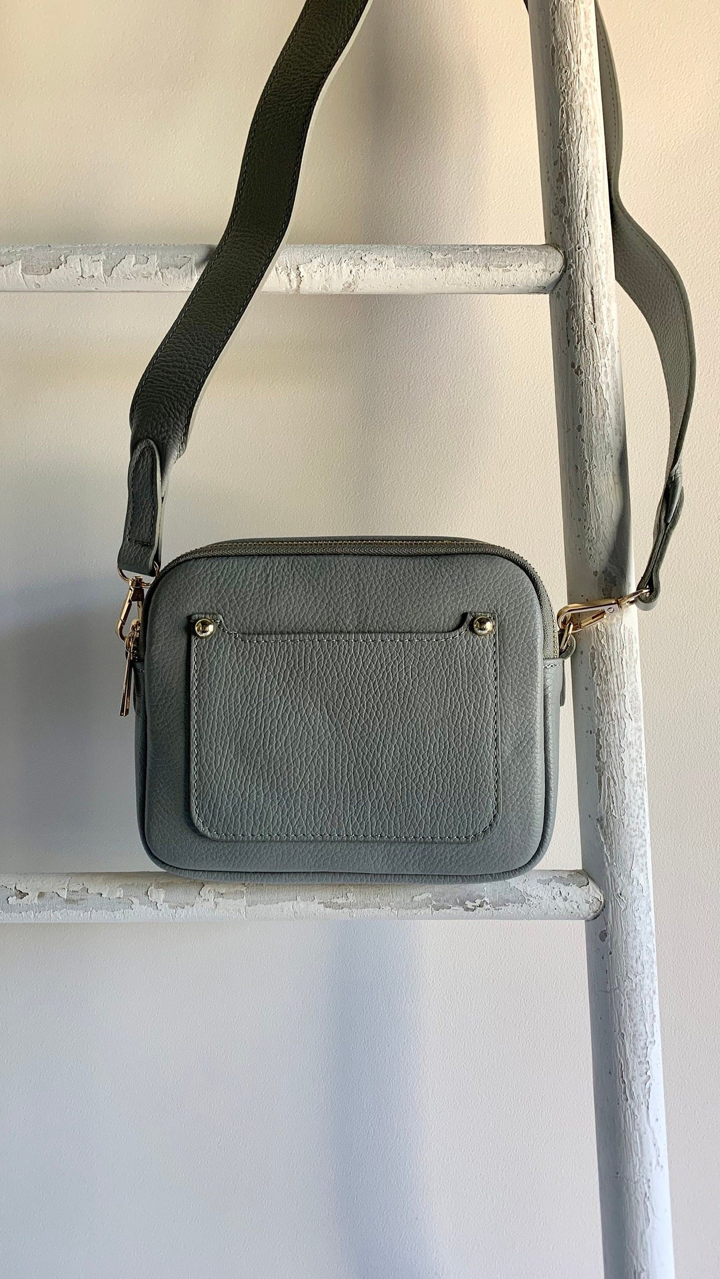 Light Grey Leather Double Zip Bag - Victoria STUDIO TEW