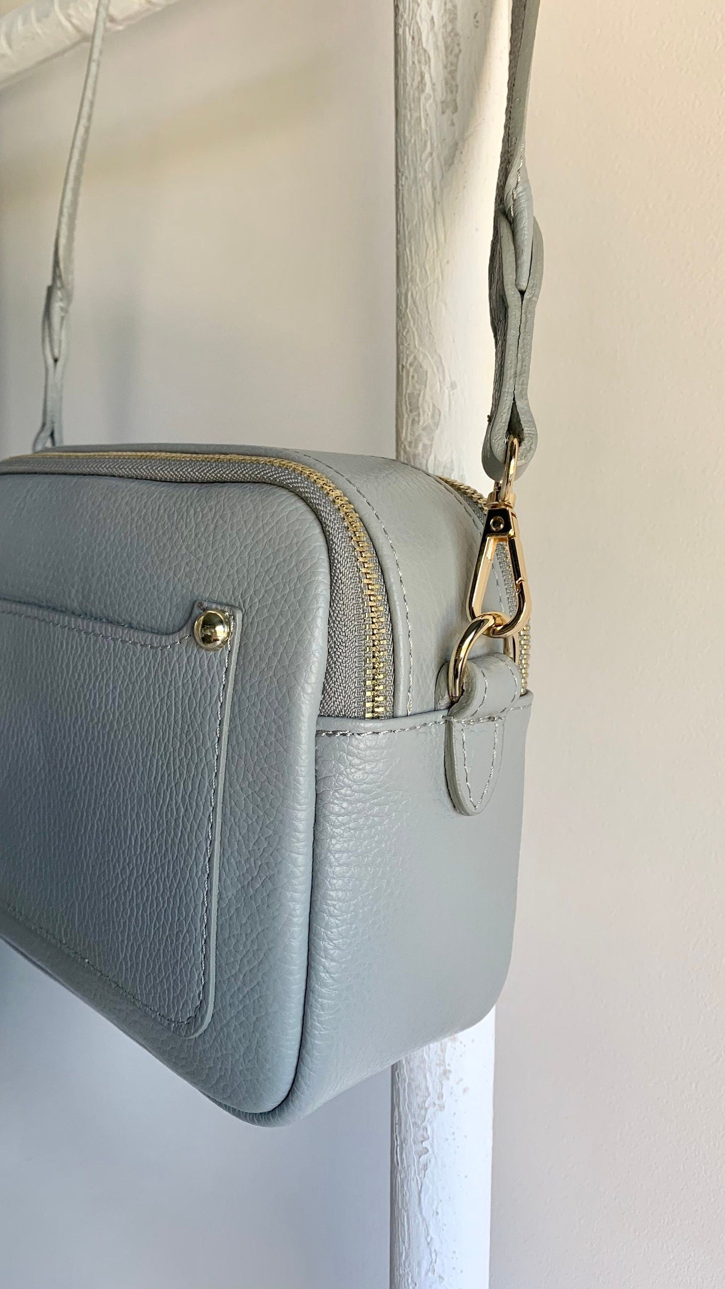 Light Grey Leather Double Zip Bag - Victoria STUDIO TEW