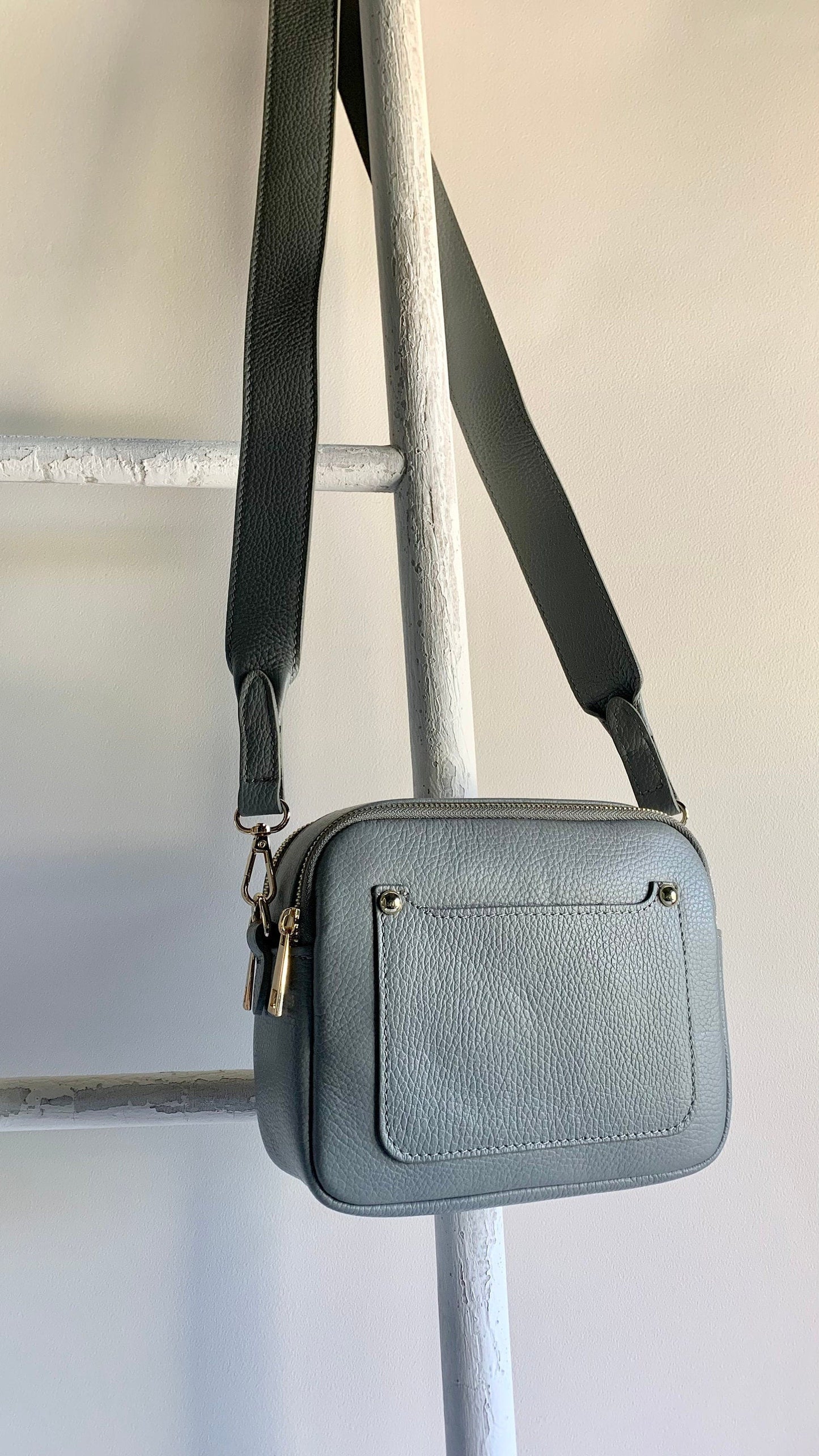 Light Grey Leather Double Zip Bag - Victoria STUDIO TEW