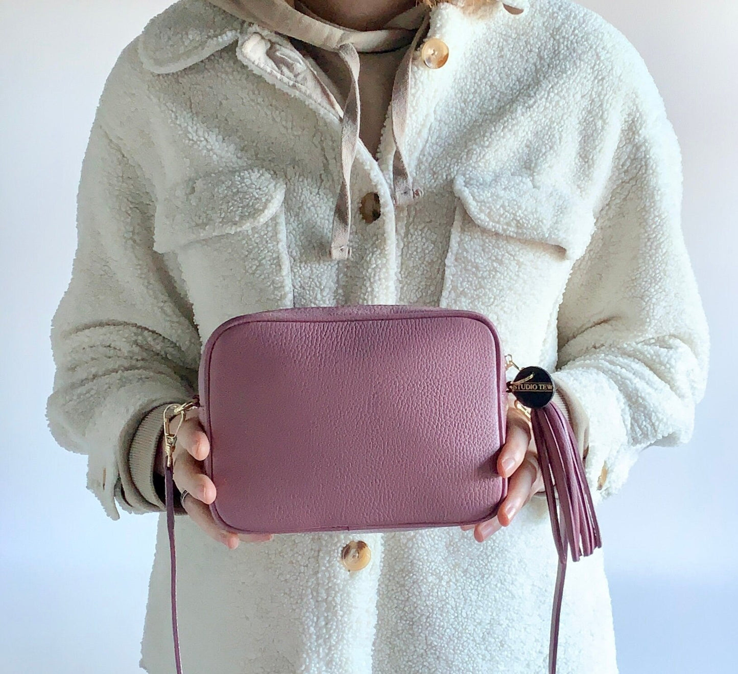Dusty Pink Leather Crossbody Bag With Tassel - Darcy STUDIO TEW