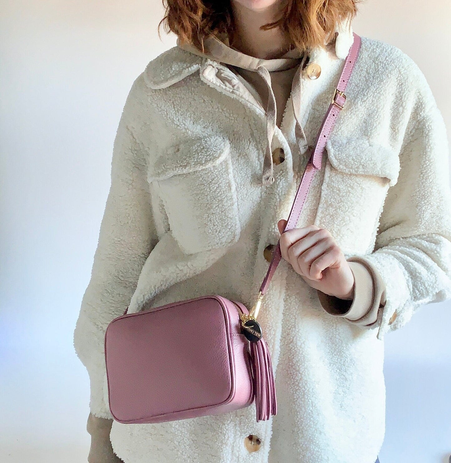 Dusty Pink Leather Crossbody Bag With Tassel - Darcy STUDIO TEW