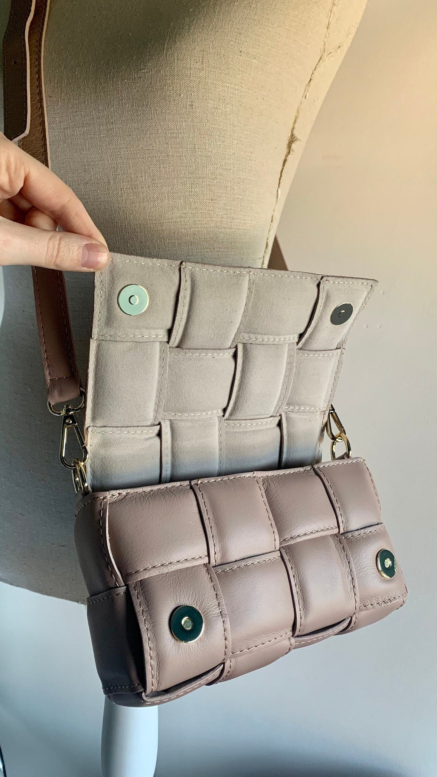 Pale Pink Leather Weaved Bag - London STUDIO TEW